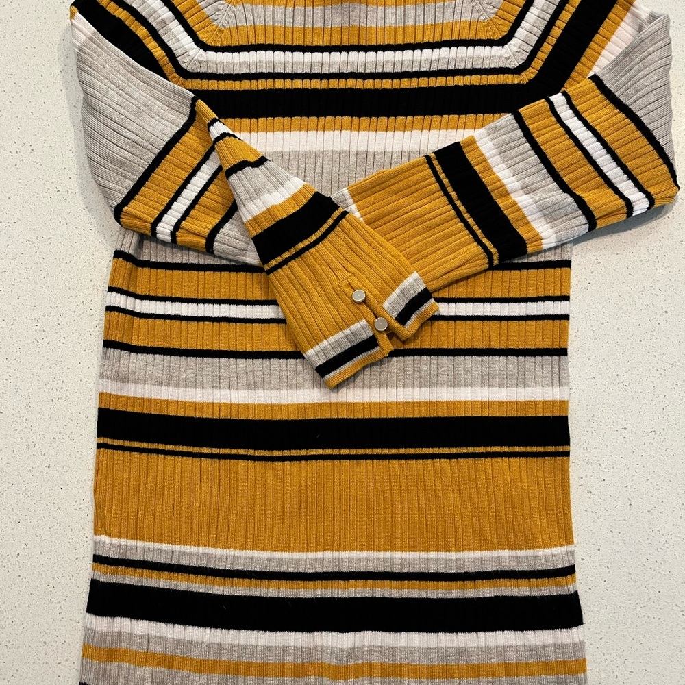Striped Crew Neck Sweater - Mustard, Black, and Gray